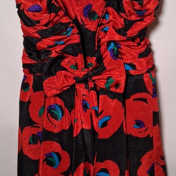 Vintage 1980s Party Dress Apostrophe 13/14 Red Black Floral Satin Sleeveless - Picture 8 of 16